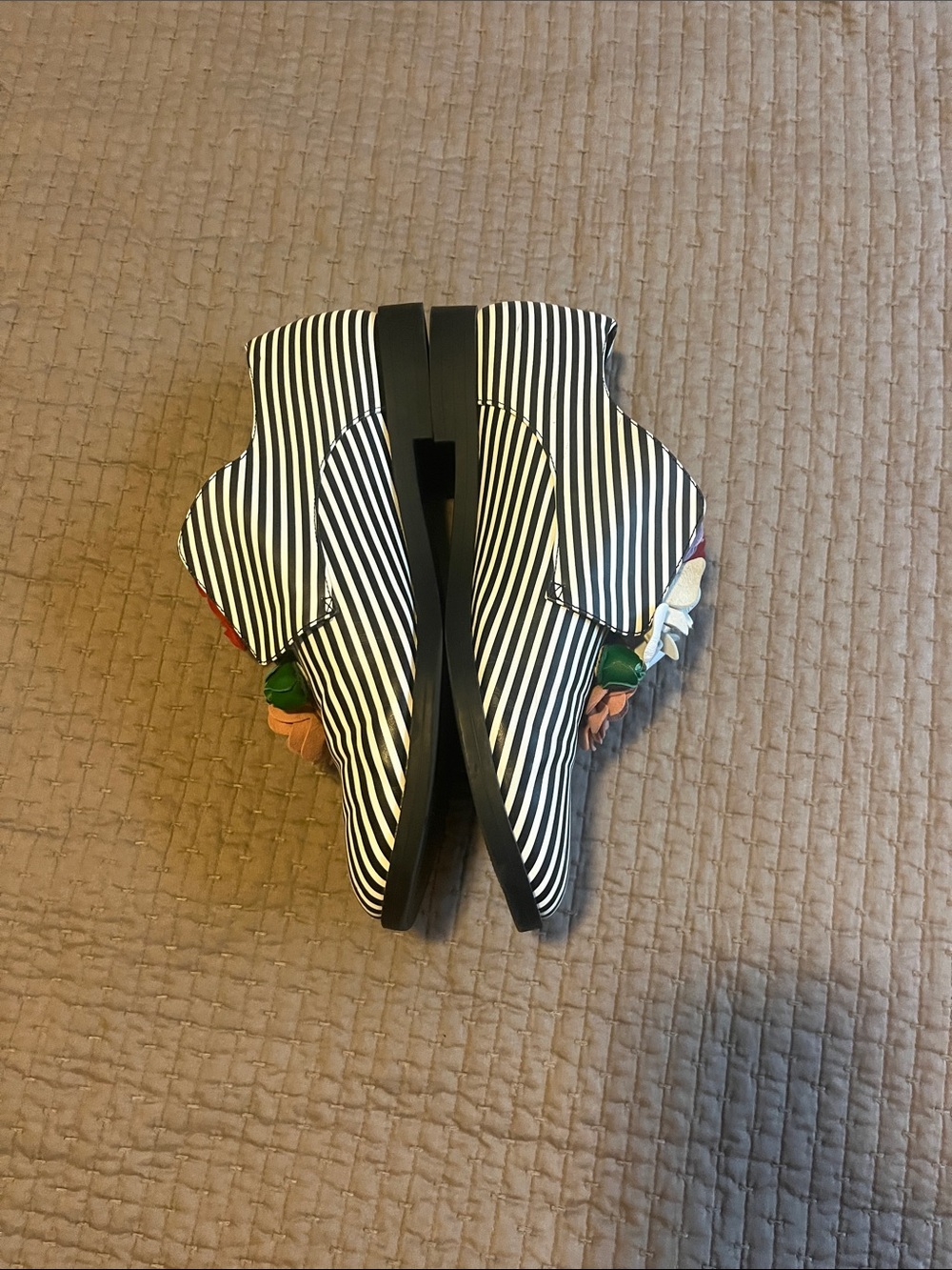 Katy Perry Black & White Striped Slip-On Loafers with Multi-Color Flower Accents - Picture 2 of 5